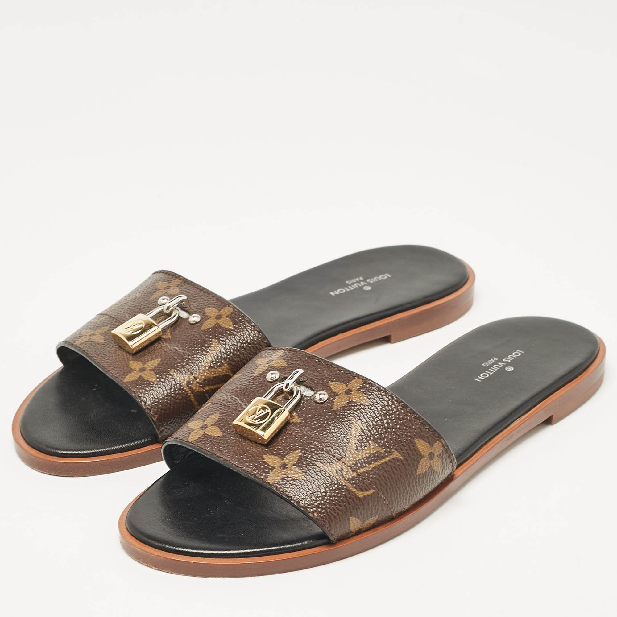 Louis Vuitton Brown Monogram Canvas Lock It Flat Slides Size 37