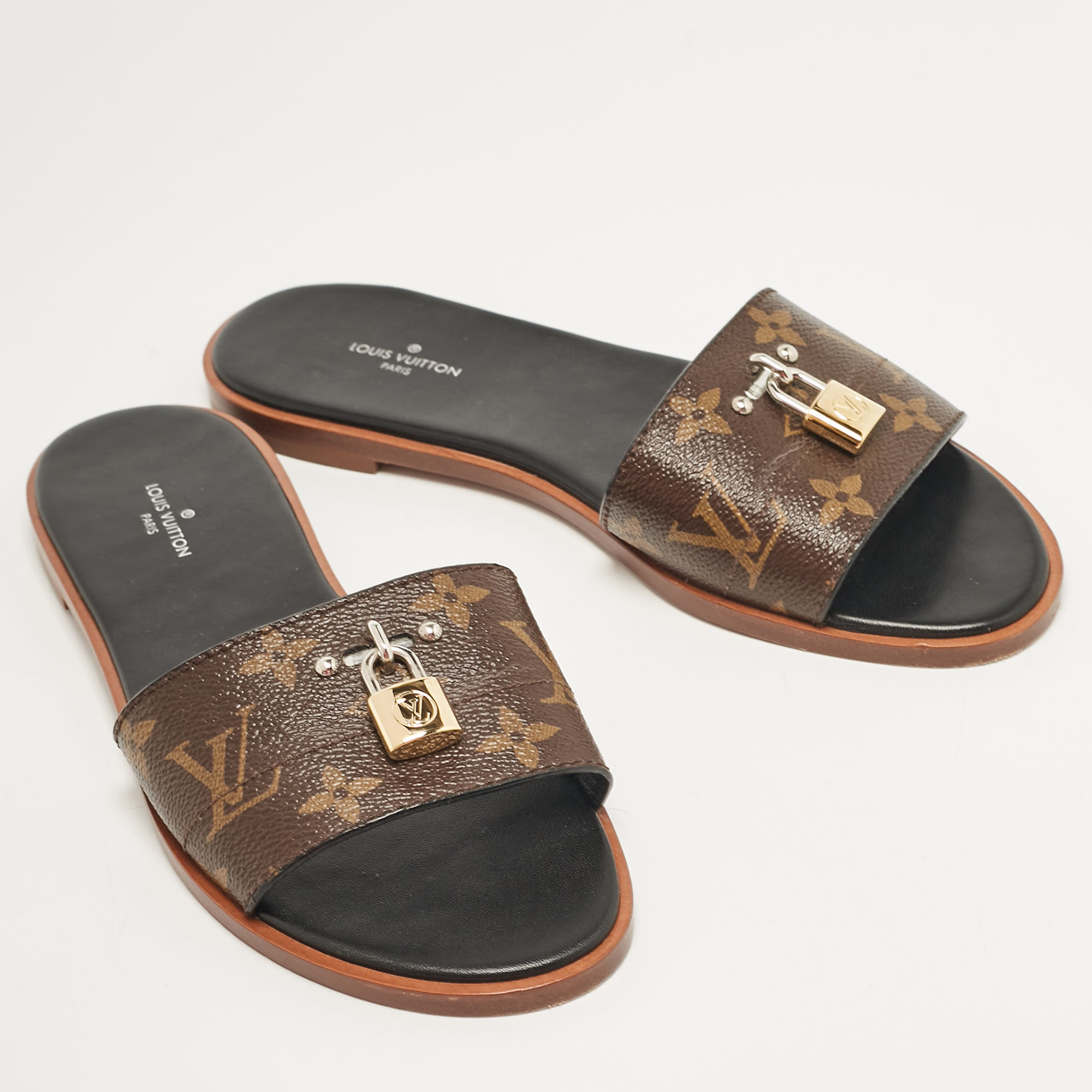 Louis Vuitton Brown Monogram Canvas Lock It Flat Slides Size 37