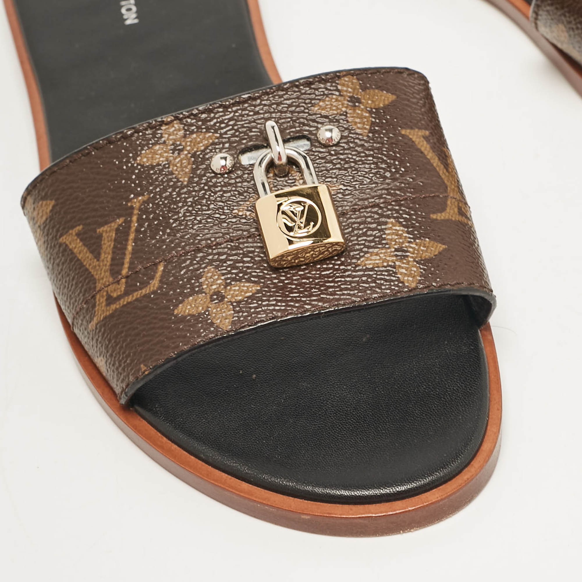 Louis Vuitton Brown Monogram Canvas Lock It Flat Slides Size 37