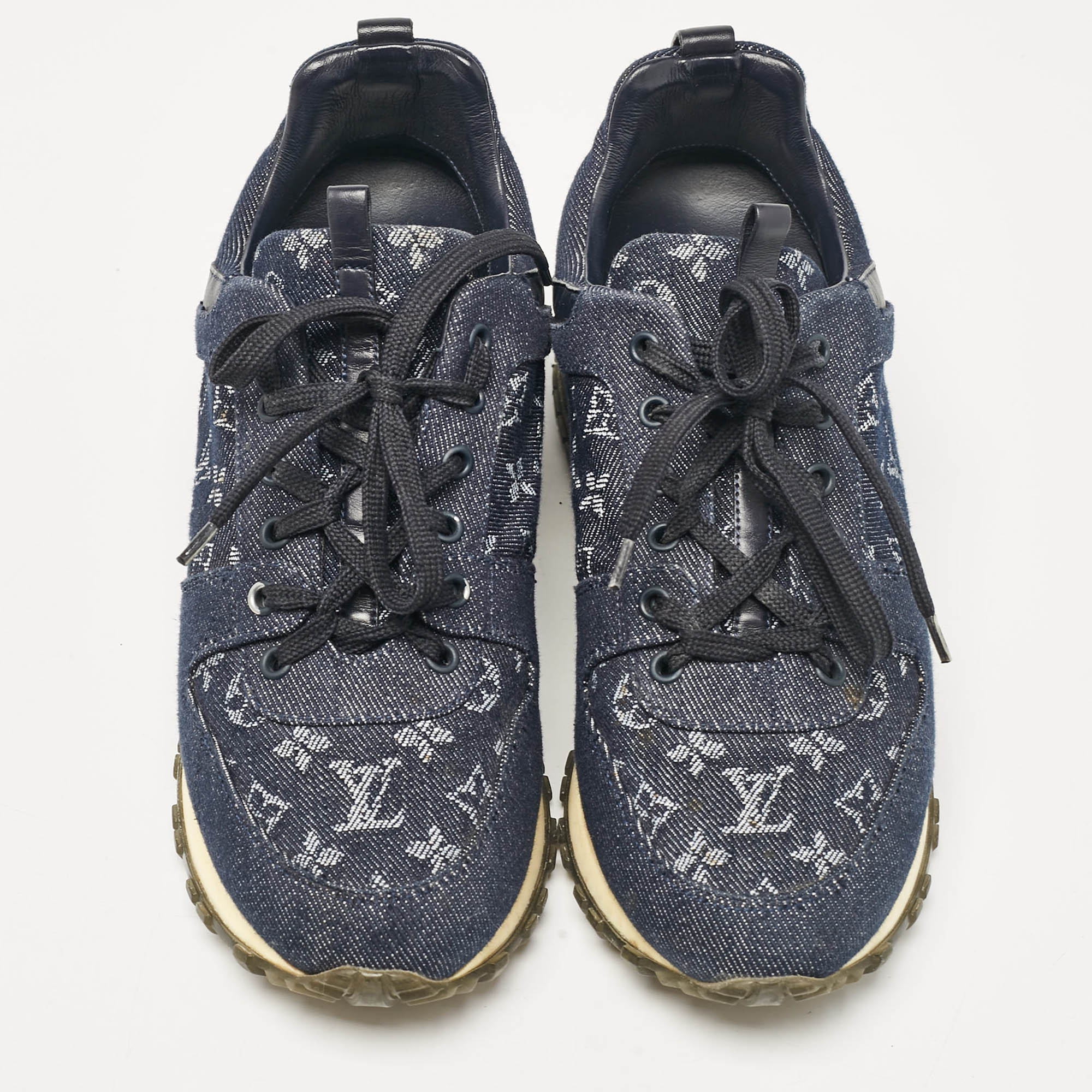 Louis Vuitton Navy Blue Monogram Denim And Leather Run Away Sneakers Size 38