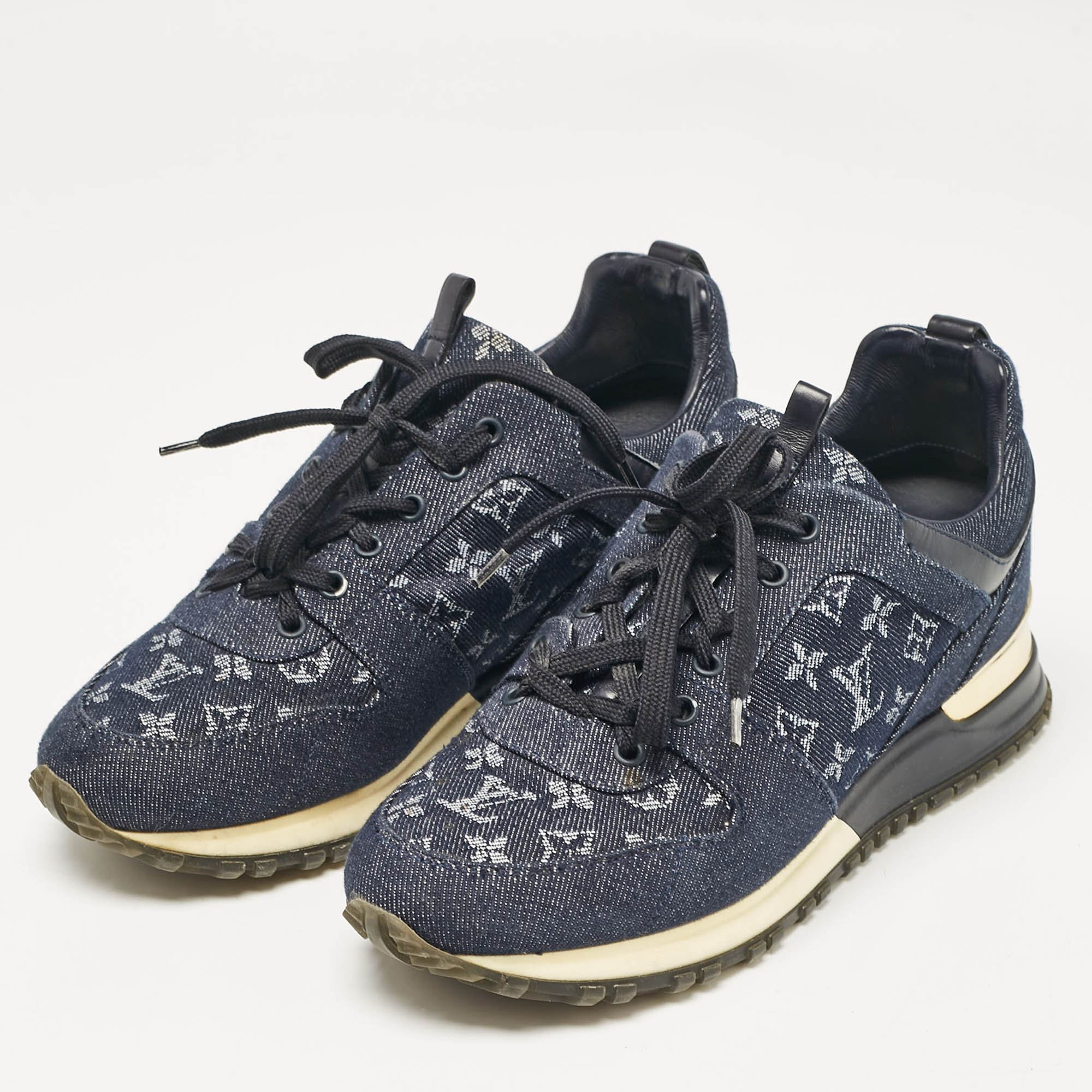 Louis Vuitton Navy Blue Monogram Denim And Leather Run Away Sneakers Size 38