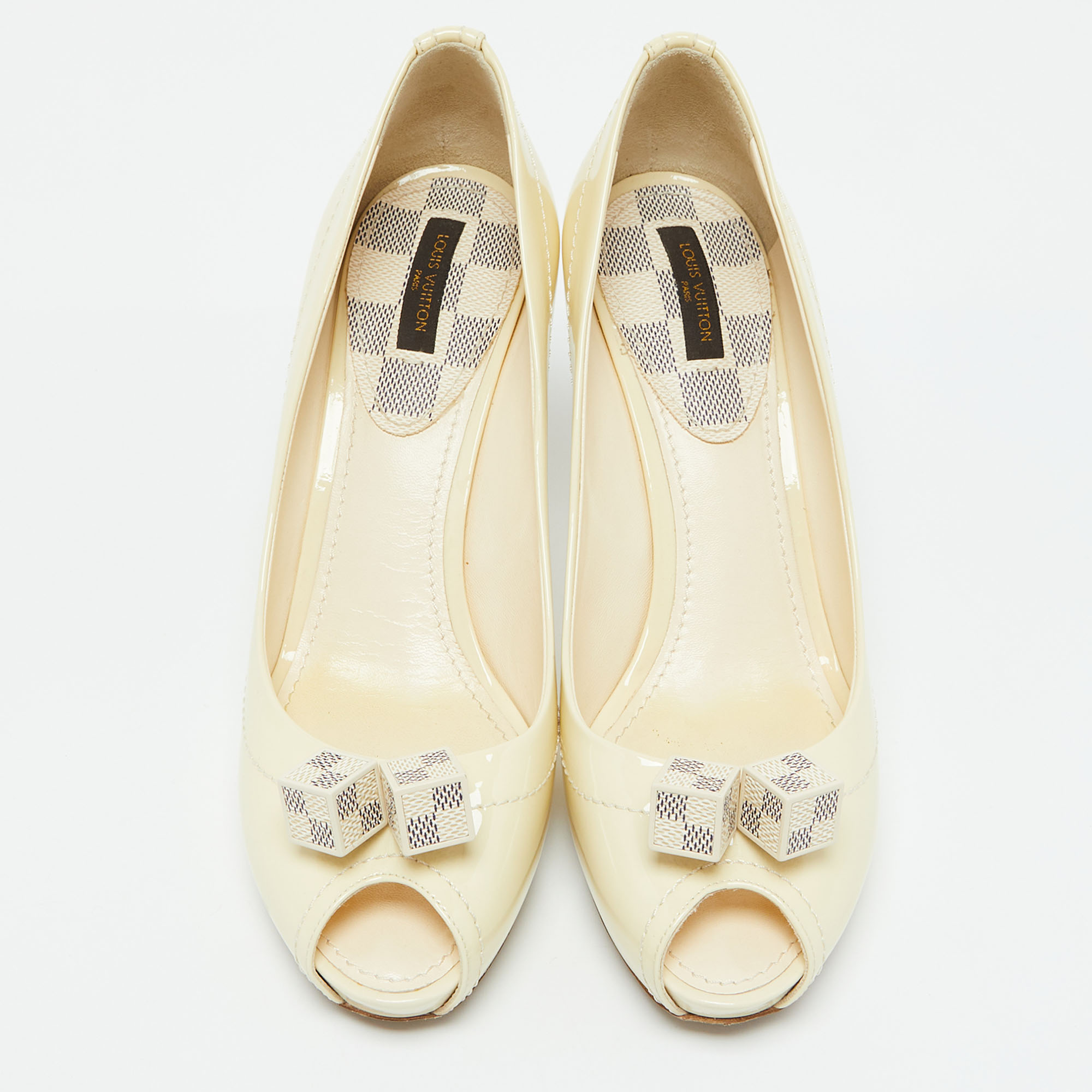 Louis Vuitton Cream Patent Leather And Damier Azur Canvas Peep Toe Pumps Size 38.5