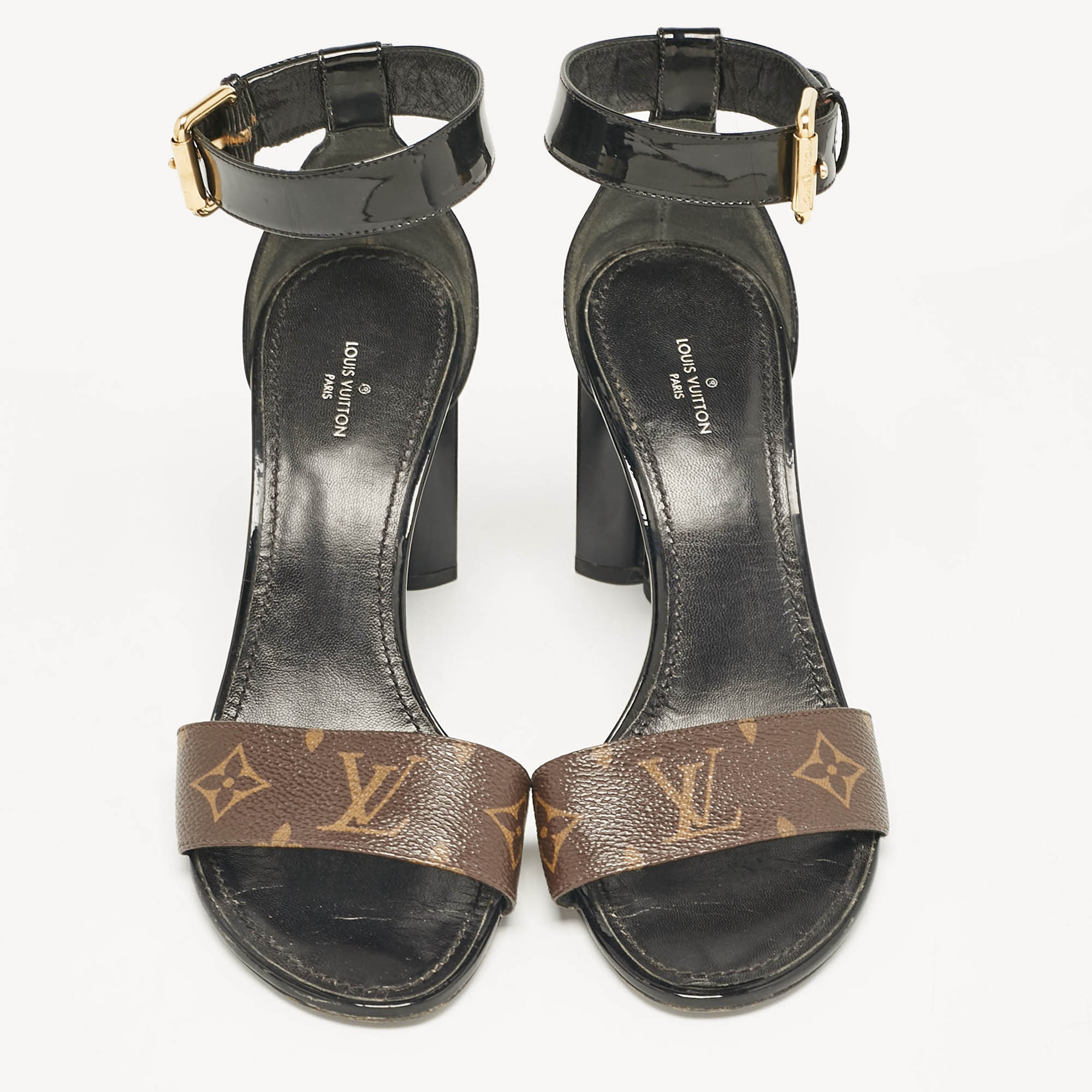 Louis Vuitton Black Patent Leather And Monogram Canvas Silhouette Sandals Size 38.5