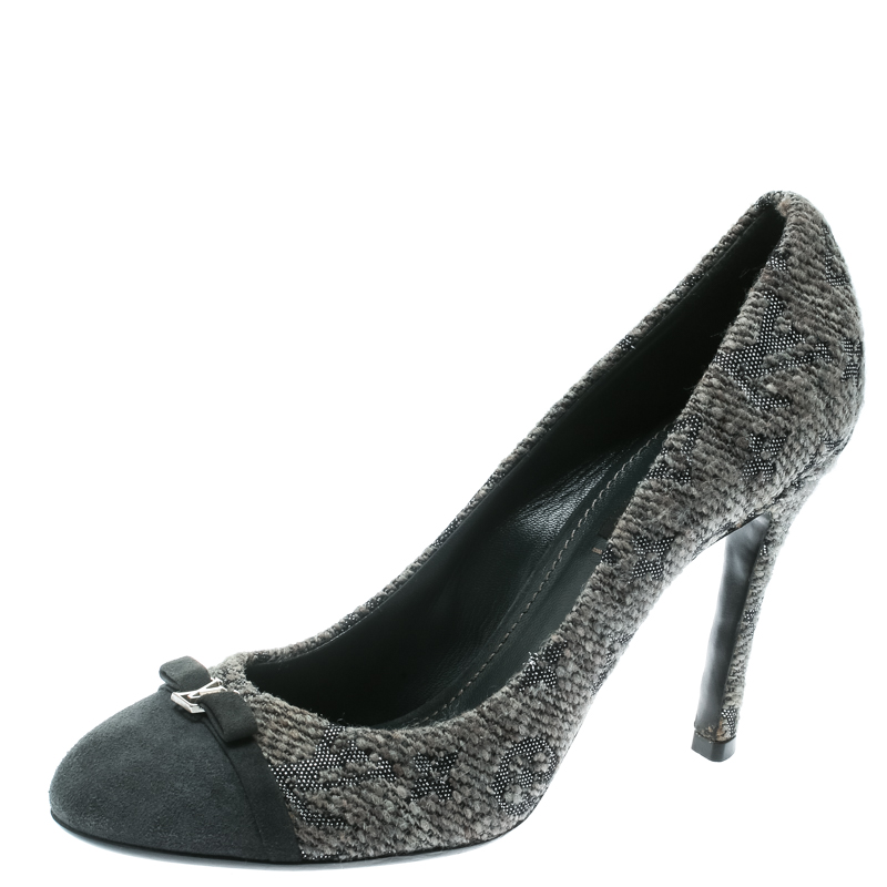 Louis Vuitton Grey Monogram Fabric With Suede Bow Cap Toe Pumps 37.5