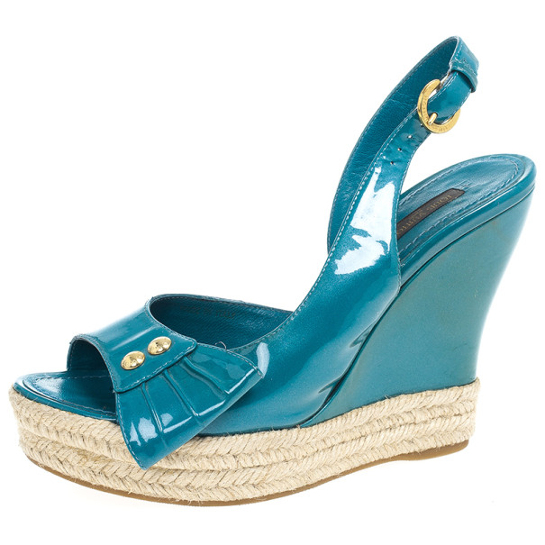 Louis Vuitton Blue Patent Espadrilles Slingback Wedges Size 37.5