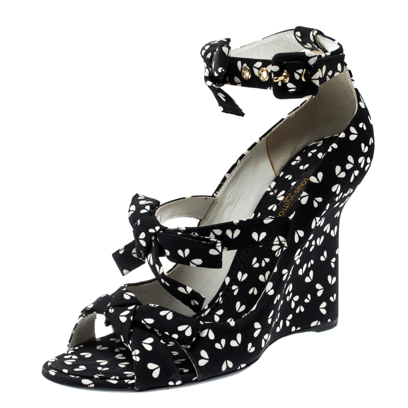 Louis vuitton black printed fabric bow ankle strap wedges sandals size 38