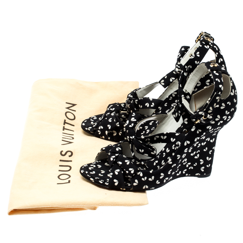 Louis Vuitton Black Printed Fabric Bow Ankle Strap Wedges Sandals Size 38