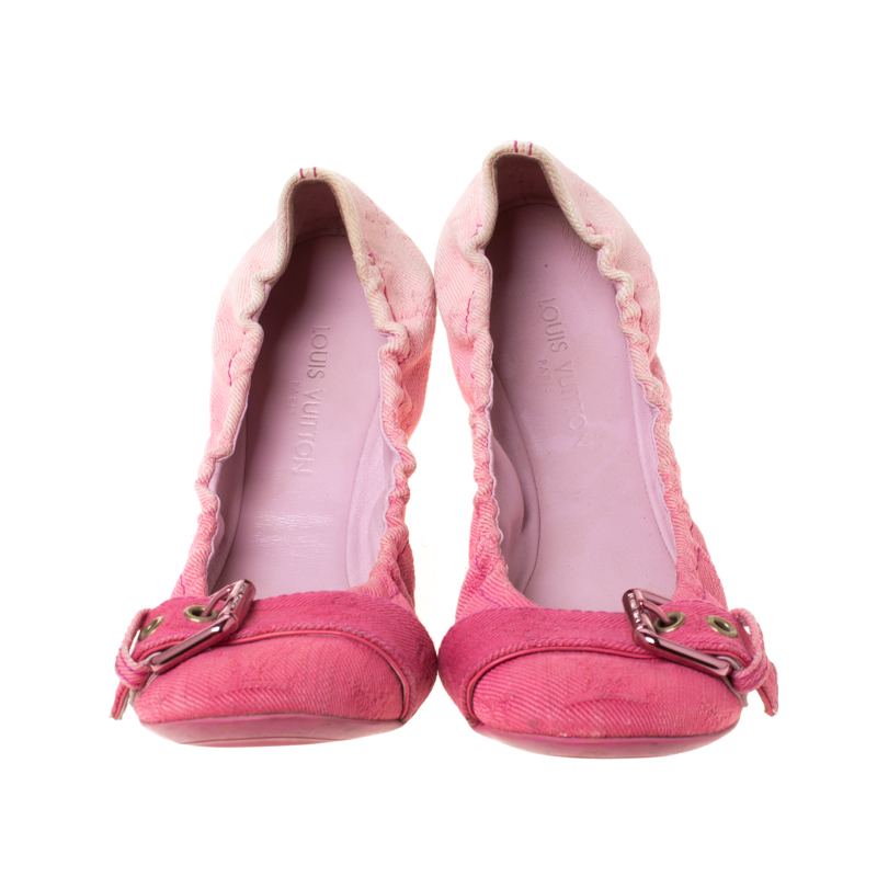 Louis Vuitton Pink Denim Buckle Scrunch Ballet Flats Size 37.5