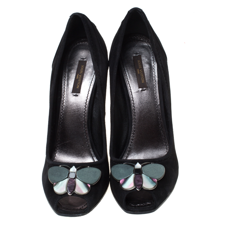Louis Vuitton Black Suede Butterfly Peep Toe Wedge Pumps Size 38.5