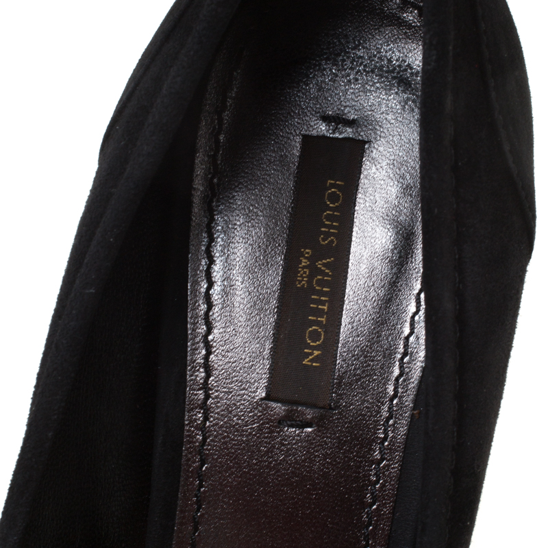 Louis Vuitton Black Suede Butterfly Peep Toe Wedge Pumps Size 38.5