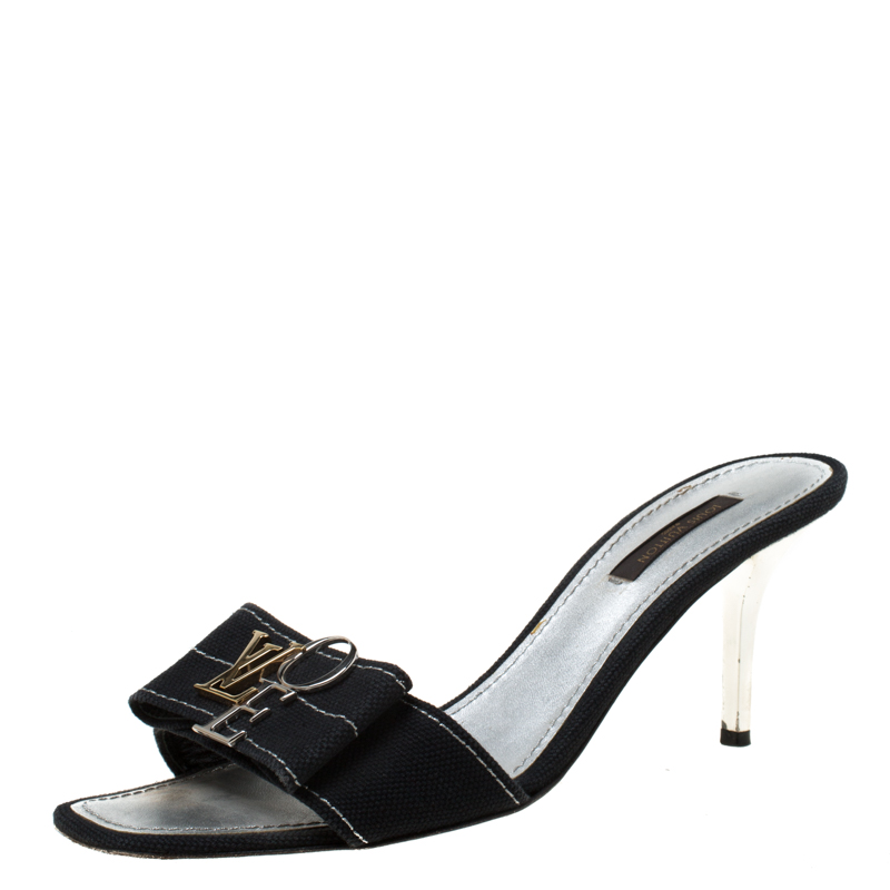 Image of Louis Vuitton Black Canvas Logo Detail Slip On Sandals Size .