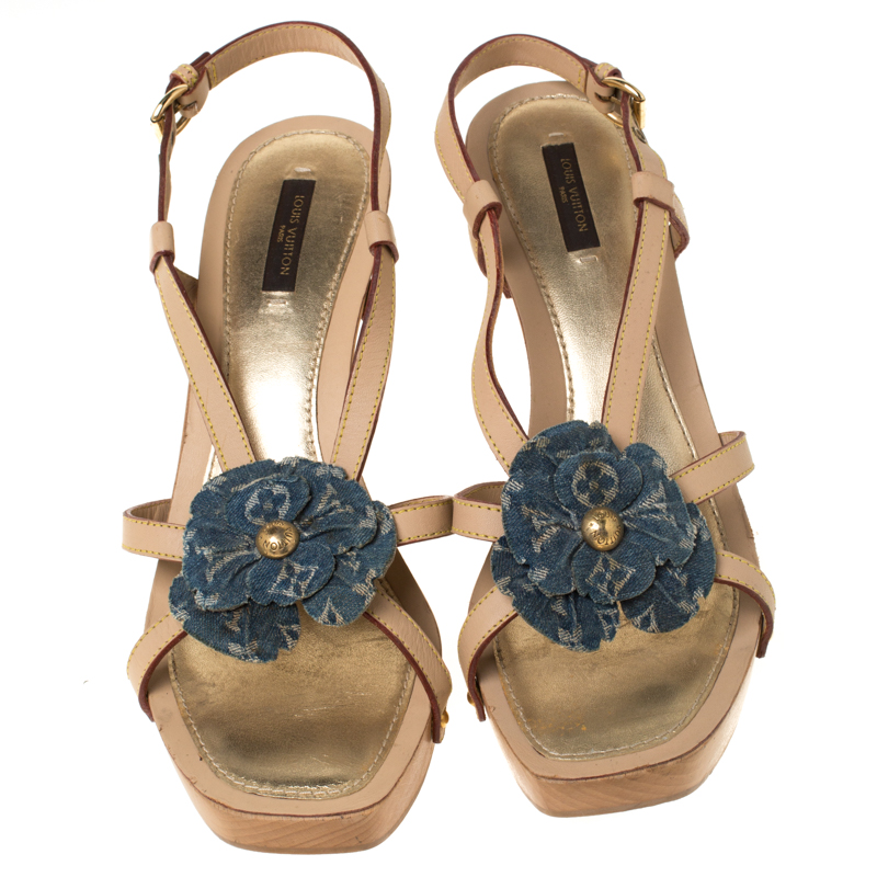 Louis Vuitton Beige/Blue Monogram Denim Floral Platform Strappy Sandals Size 39.5