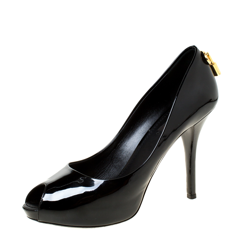 Louis Vuitton Black Patent Leather Oh Really Peep Toe Platform Pumps