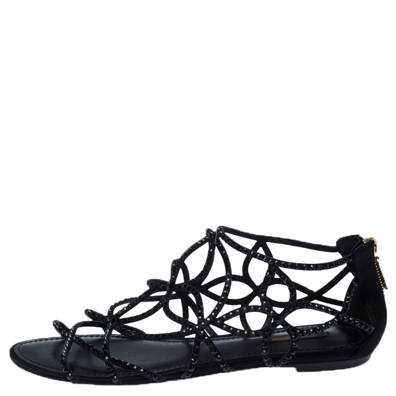 Louis Vuitton Black Leather/Satin Crystal Embellished Cut Out Flat Sandals Size
Louis Vuitton Black Leather/Satin Crystal Embellished Cut Out Flat Sandals Size