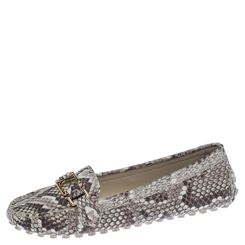 Image of Louis Vuitton Beige/Brown Python Leather Logo Slip On Loafers Size