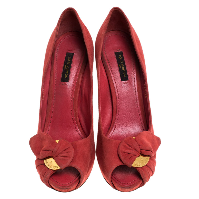 Louis Vuitton Red Suede Catania Peep Toe Platform Pumps Size 38