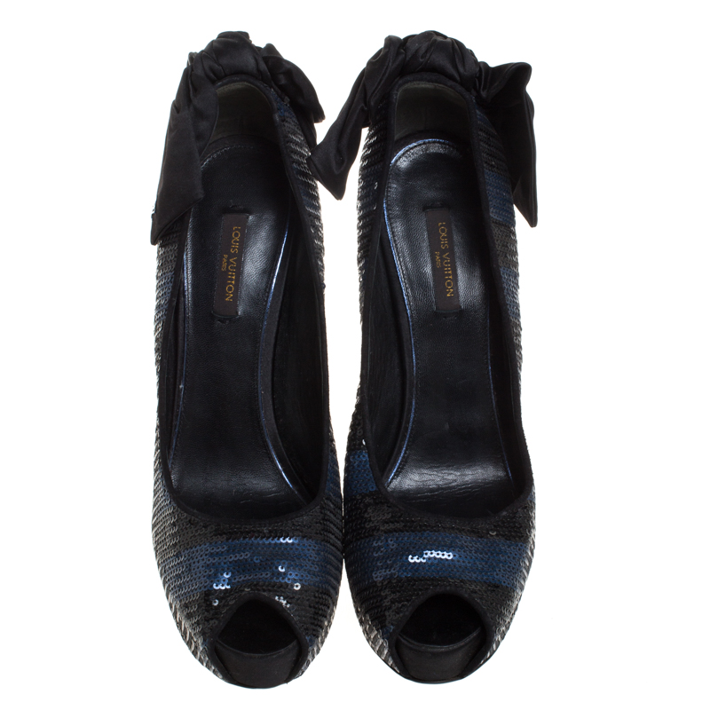Louis Vuitton Blue/Black Sequin Peep Toe Platform Pumps Size 39