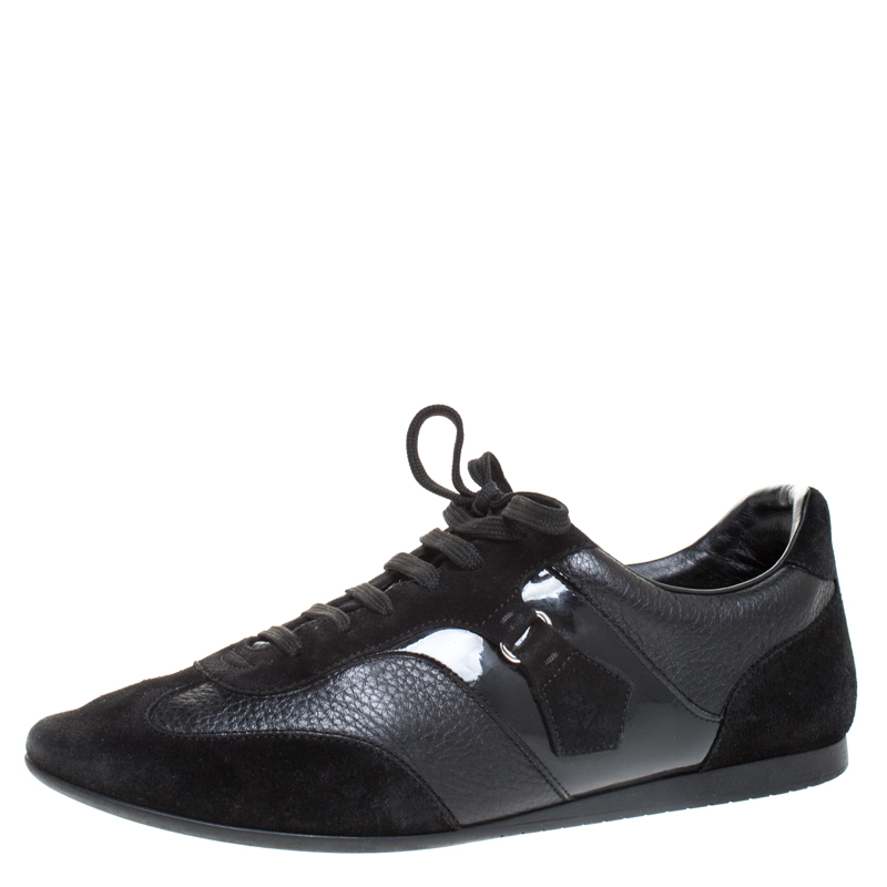 Image of Louis Vuitton Black Leather and Suede Lace Low Top Sneakers Size