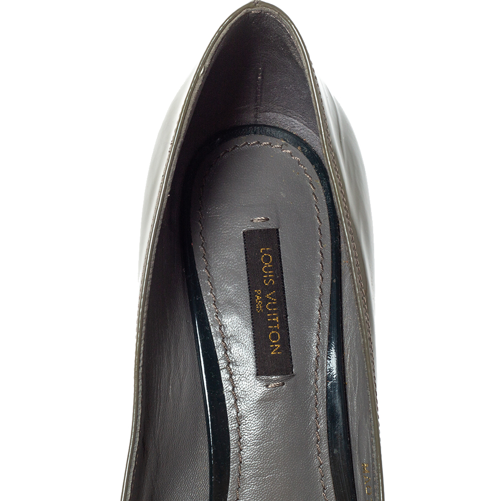 Louis Vuitton Grey Patent Leather Lou Peep Toe Pumps Size 37.5