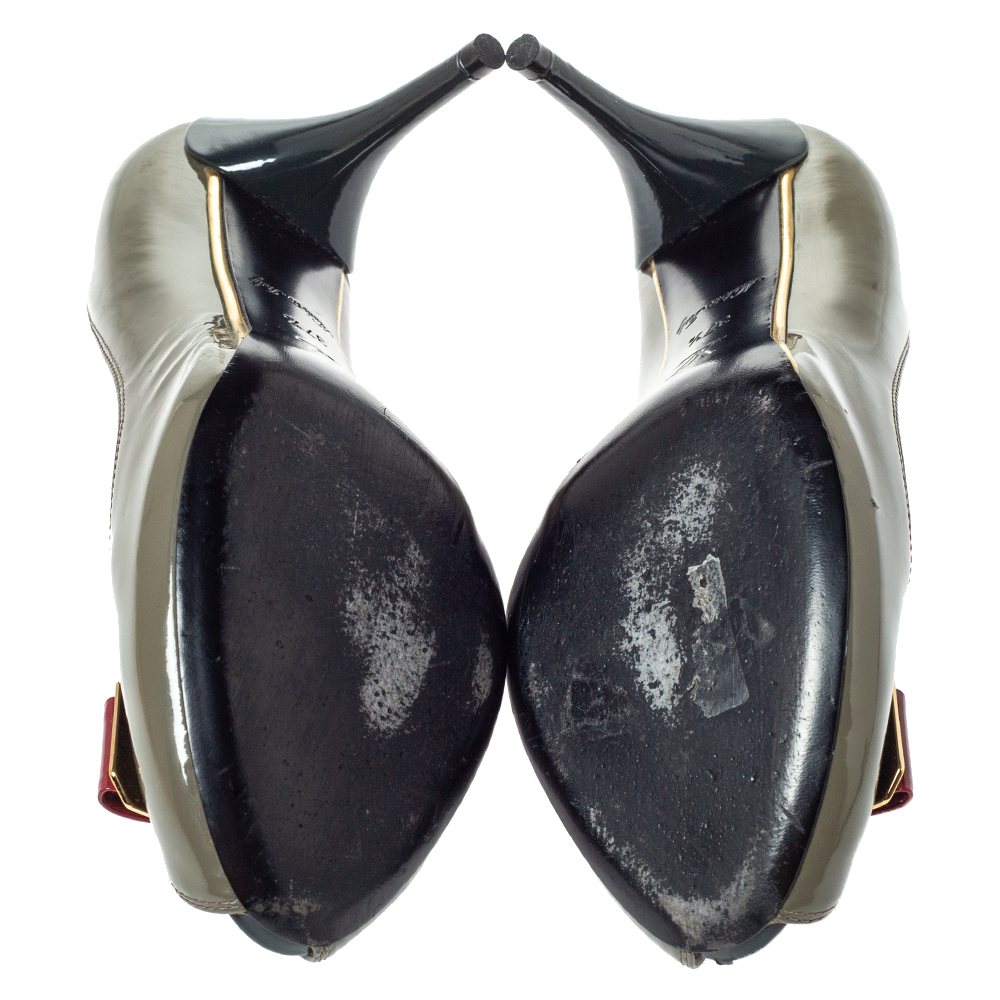 Louis Vuitton Grey Patent Leather Lou Peep Toe Pumps Size 37.5