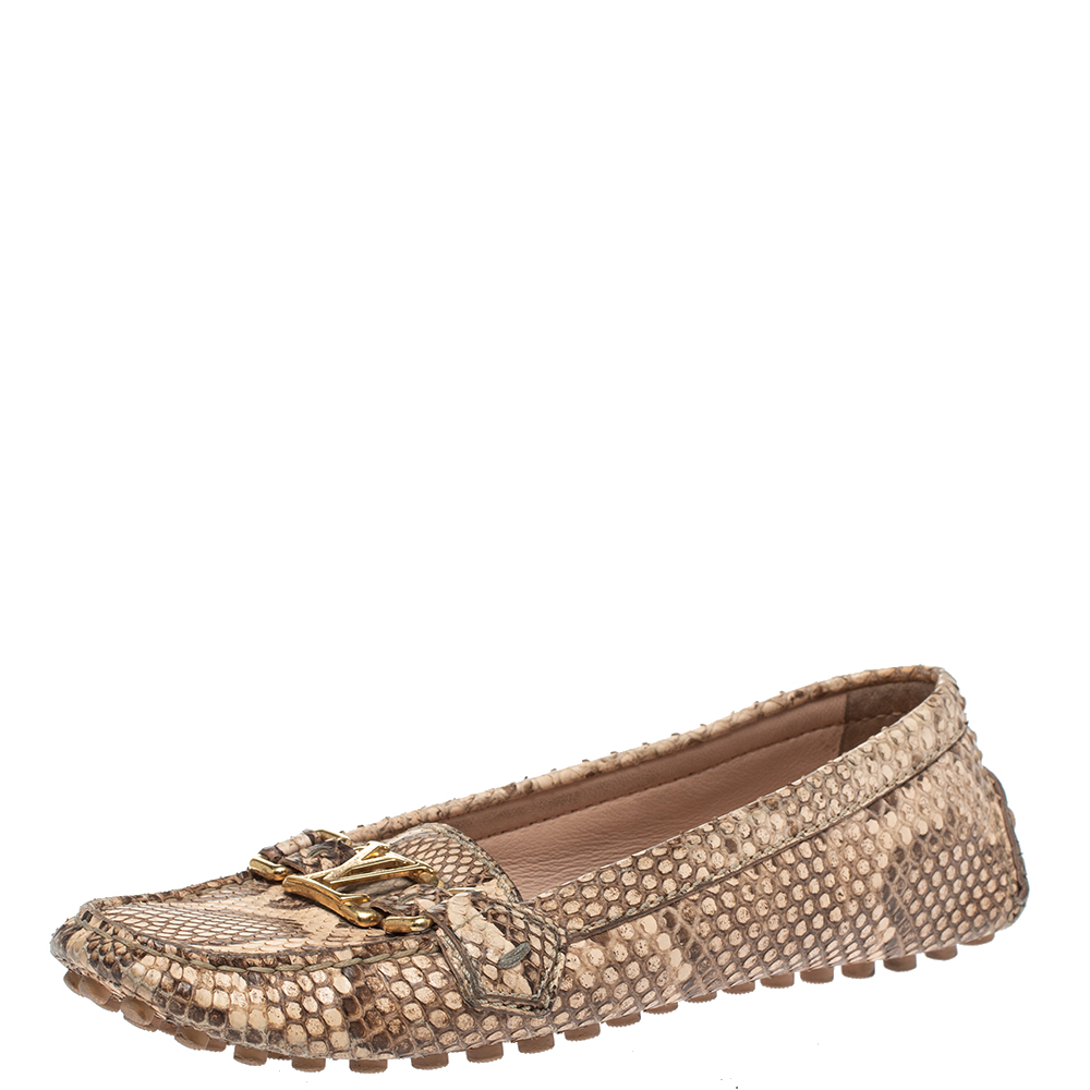 Image of Louis Vuitton Beige/Brown Python Leather Oxford Loafers Size