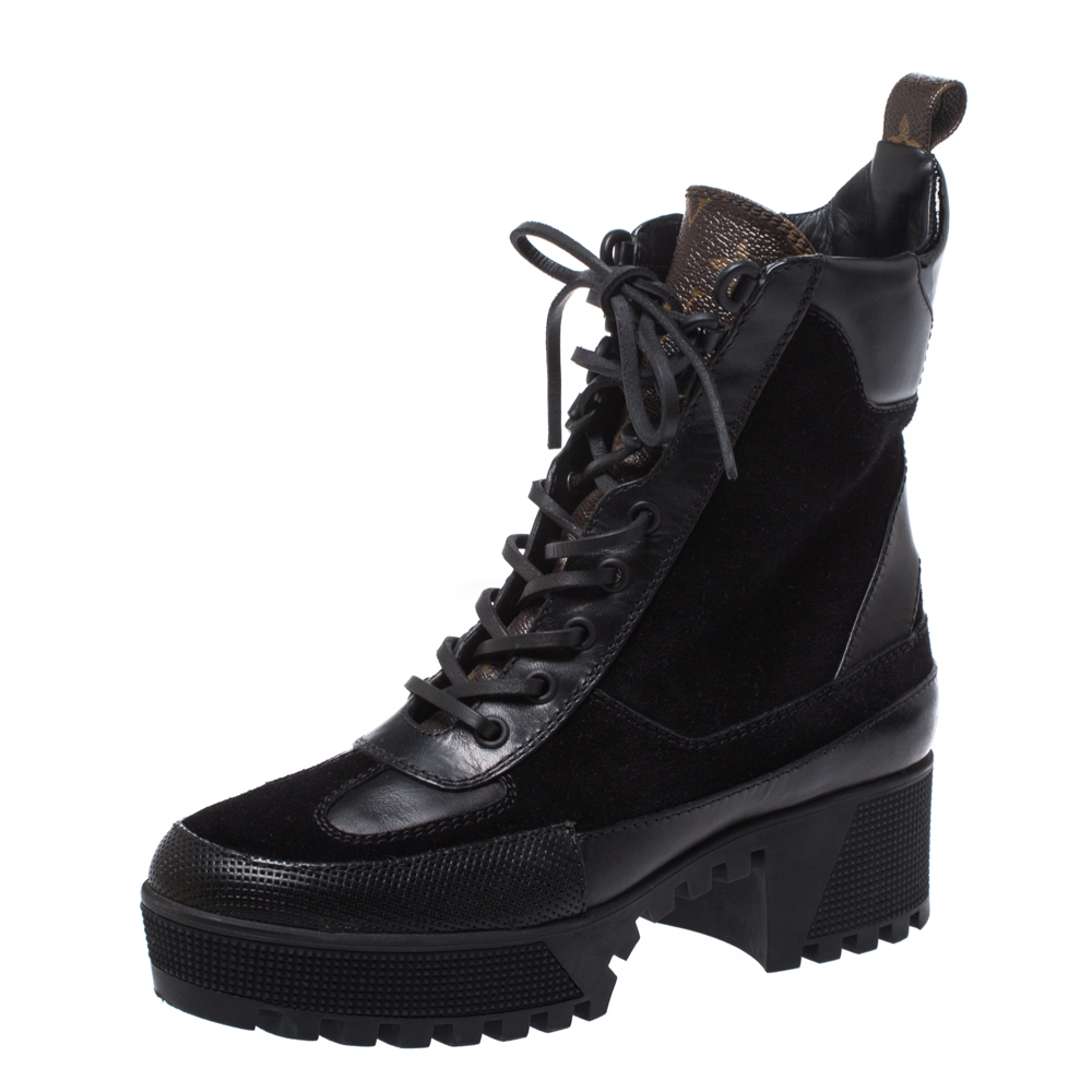Image of Louis Vuitton Black Suede, Monogram Canvas And Leather Laureate Platform Desert Ankle Boots Size .