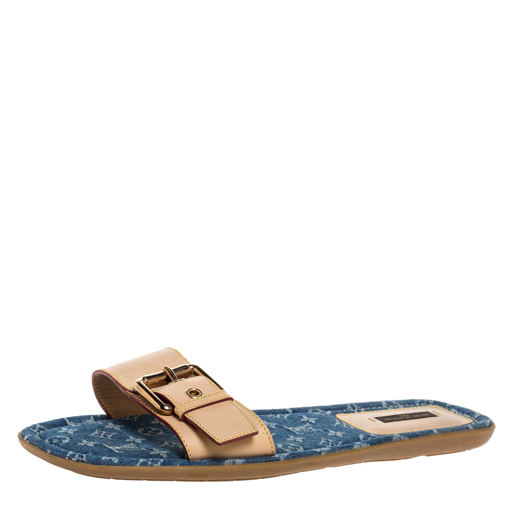 Image of Louis Vuitton Beige Leather and Mini Lin Canvas Slide Flat Sandals Size .