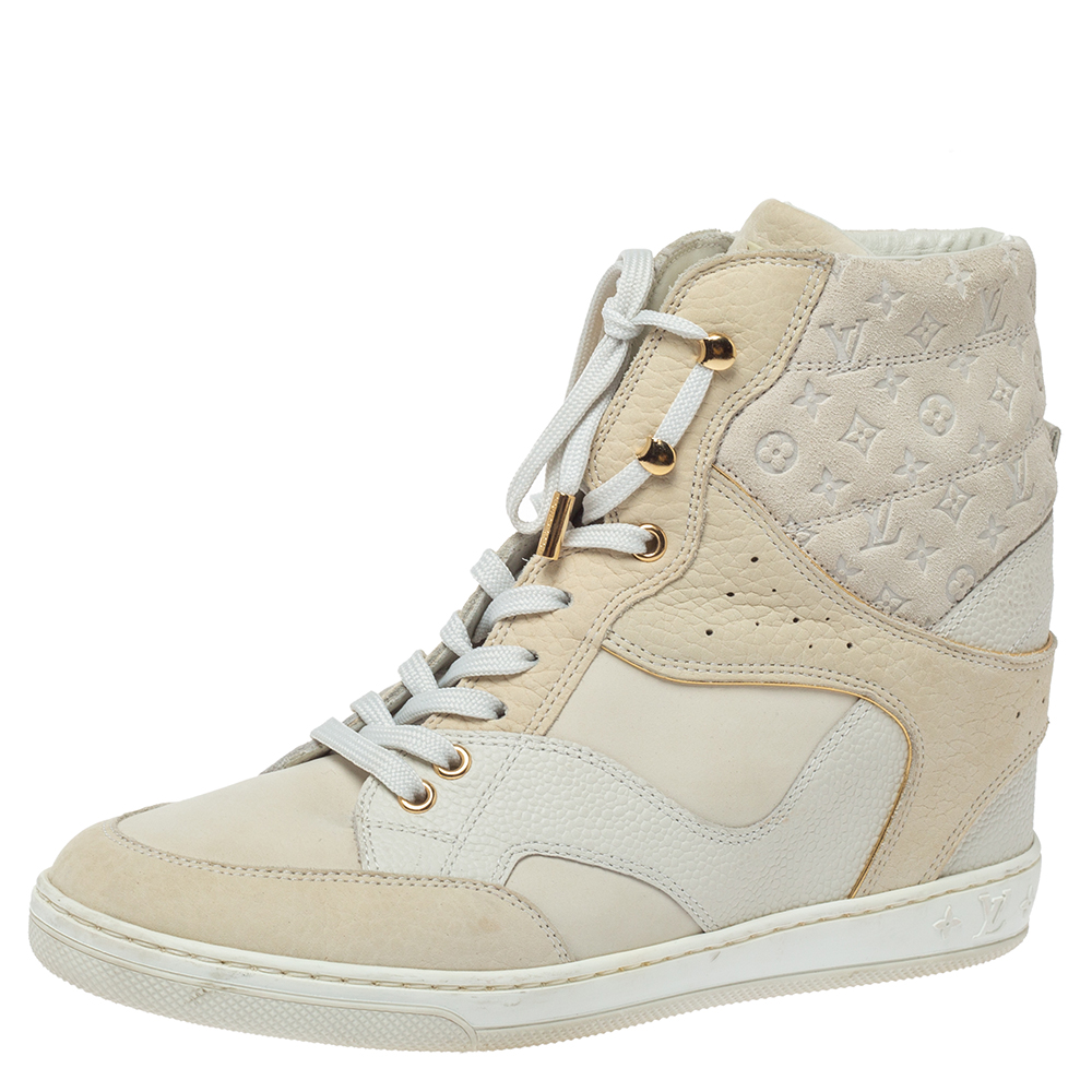 Image of Louis Vuitton Off White Monogram Suede and Leather Cliff Top Sneakers Size