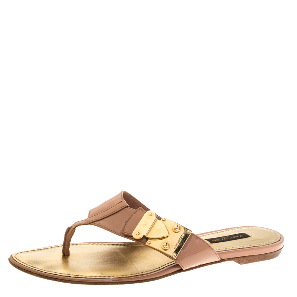 Image of Louis Vuitton Beige Patent Leather Thong Flats Size .