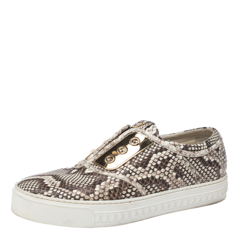 Image of Louis Vuitton Beige/Brown Python Leather Slip On Sneakers Size