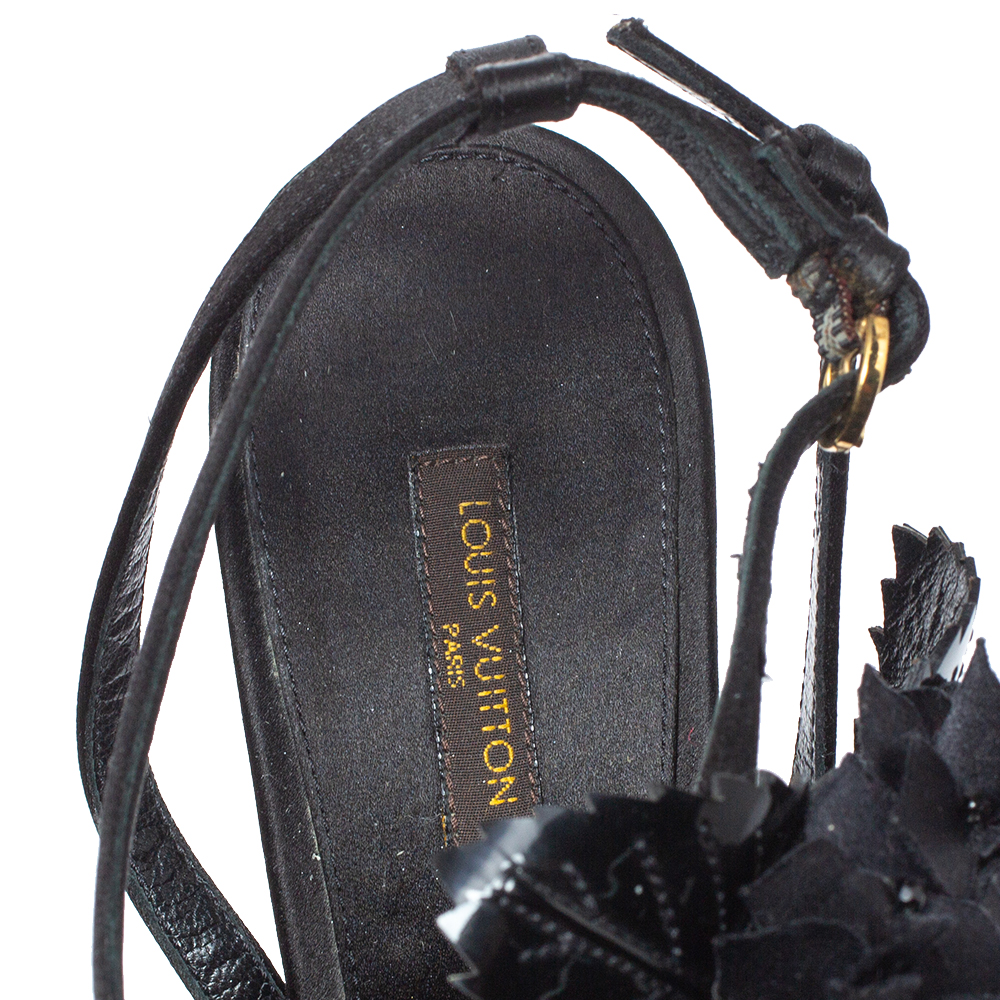 Louis Vuitton Black Satin And Patent Leather Flower Embellished Ankle Strap Sandal Size 39.5