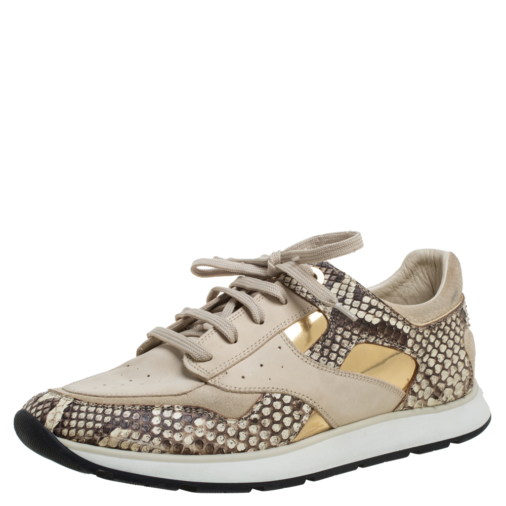 Image of Louis Vuitton Beige Suede Leather And Python Trim Run Away Low Top Sneakers Size