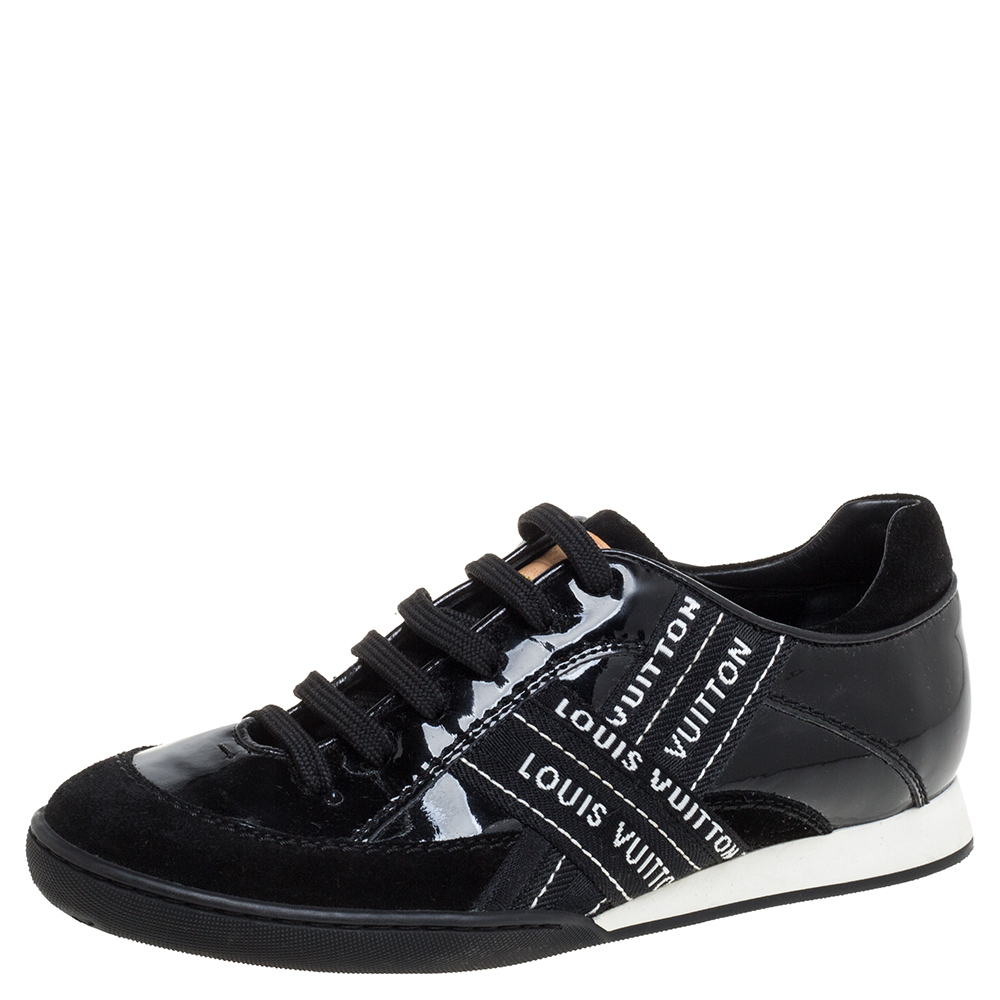 Image of Louis Vuitton Black Patent And Suede Leather Low Top Sneakers Size