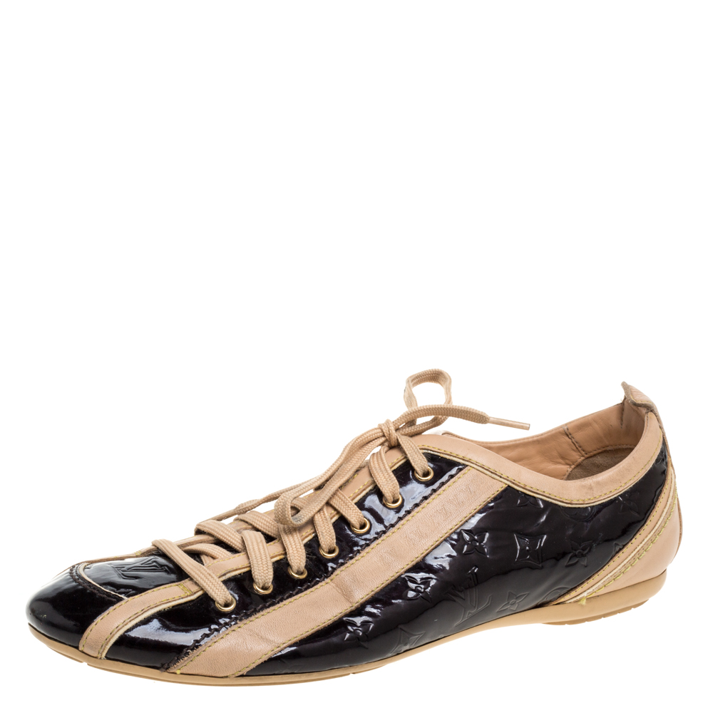 Image of Louis Vuitton Beige/Burgundy Patent Leather And Leather Low Top Sneakers Size .