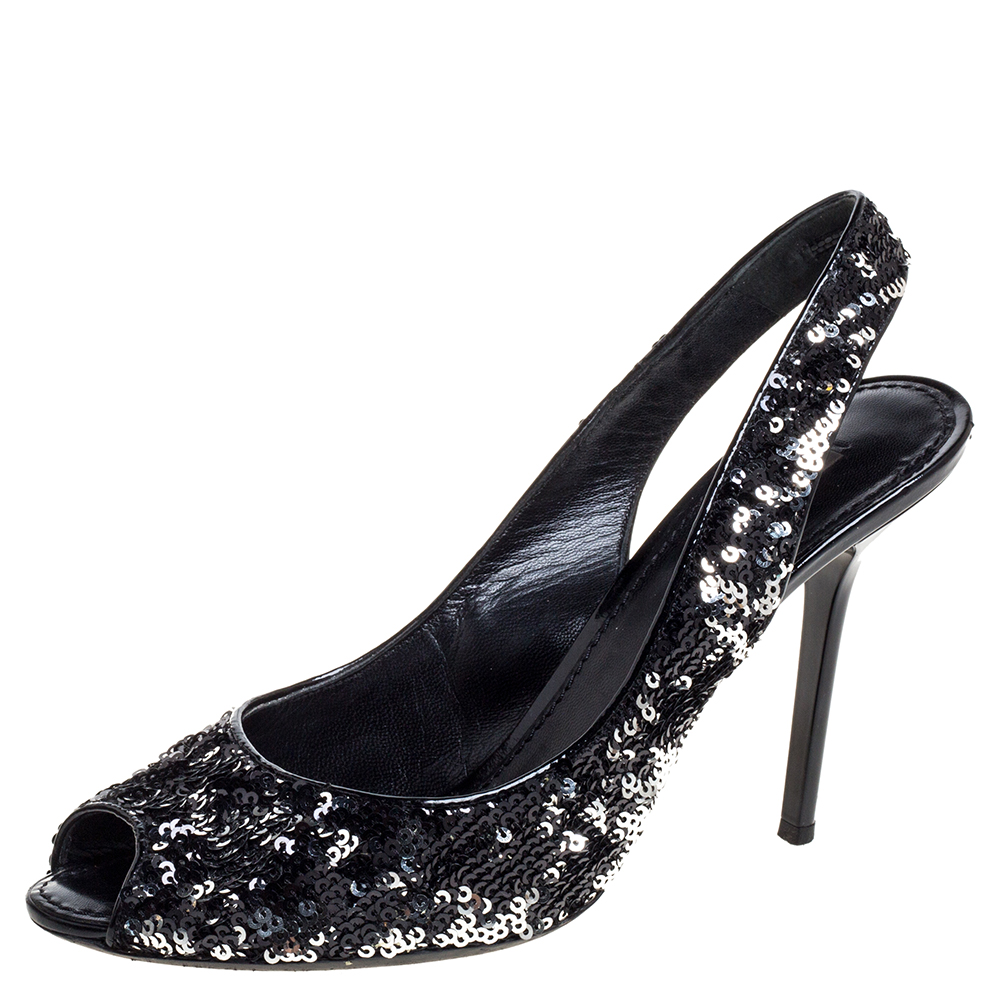 Image of Louis Vuitton Two Tone Sequins Liza Peep Toe Slingback Sandals Size