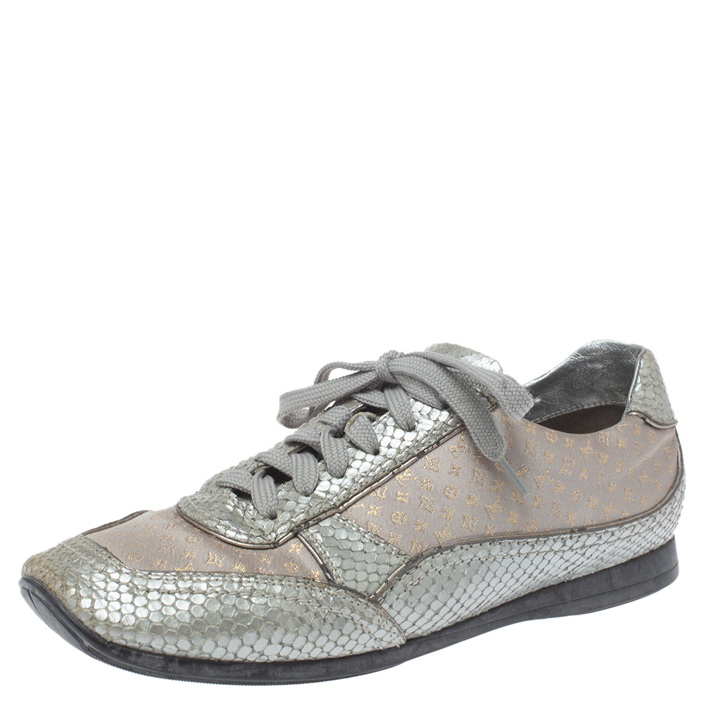 Louis Vuitton Silver/Beige Monogram Fabric And Python Lace Low Top Sneakers Size 38.5