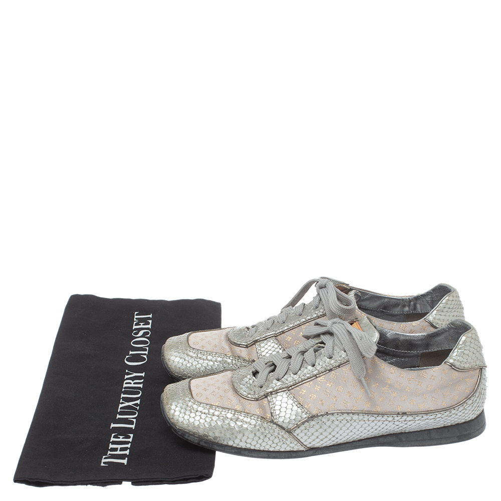 Louis Vuitton Silver/Beige Monogram Fabric And Python Lace Low Top Sneakers Size 38.5
