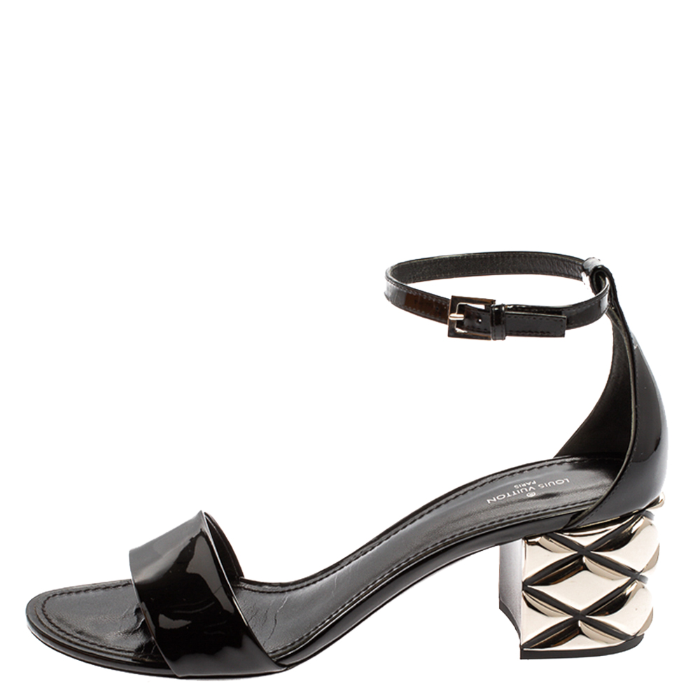Louis Vuitton Black Patent Silver Block Heel Ankle Strap Sandals Size 
Louis Vuitton Black Patent Silver Block Heel Ankle Strap Sandals Size
