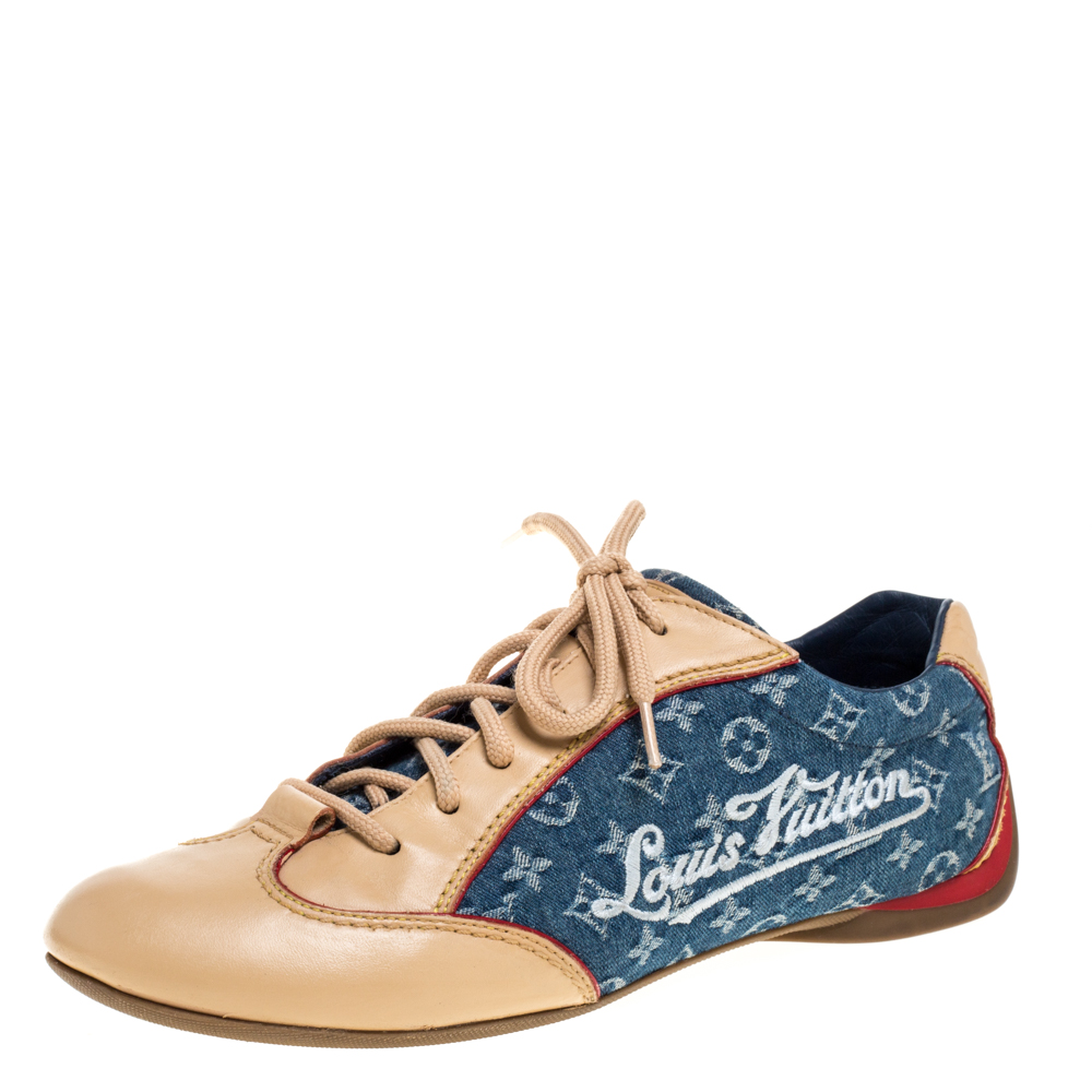 Image of Louis Vuitton Beige/Blue Monogram Denim And Leather Low Top Sneakers Size