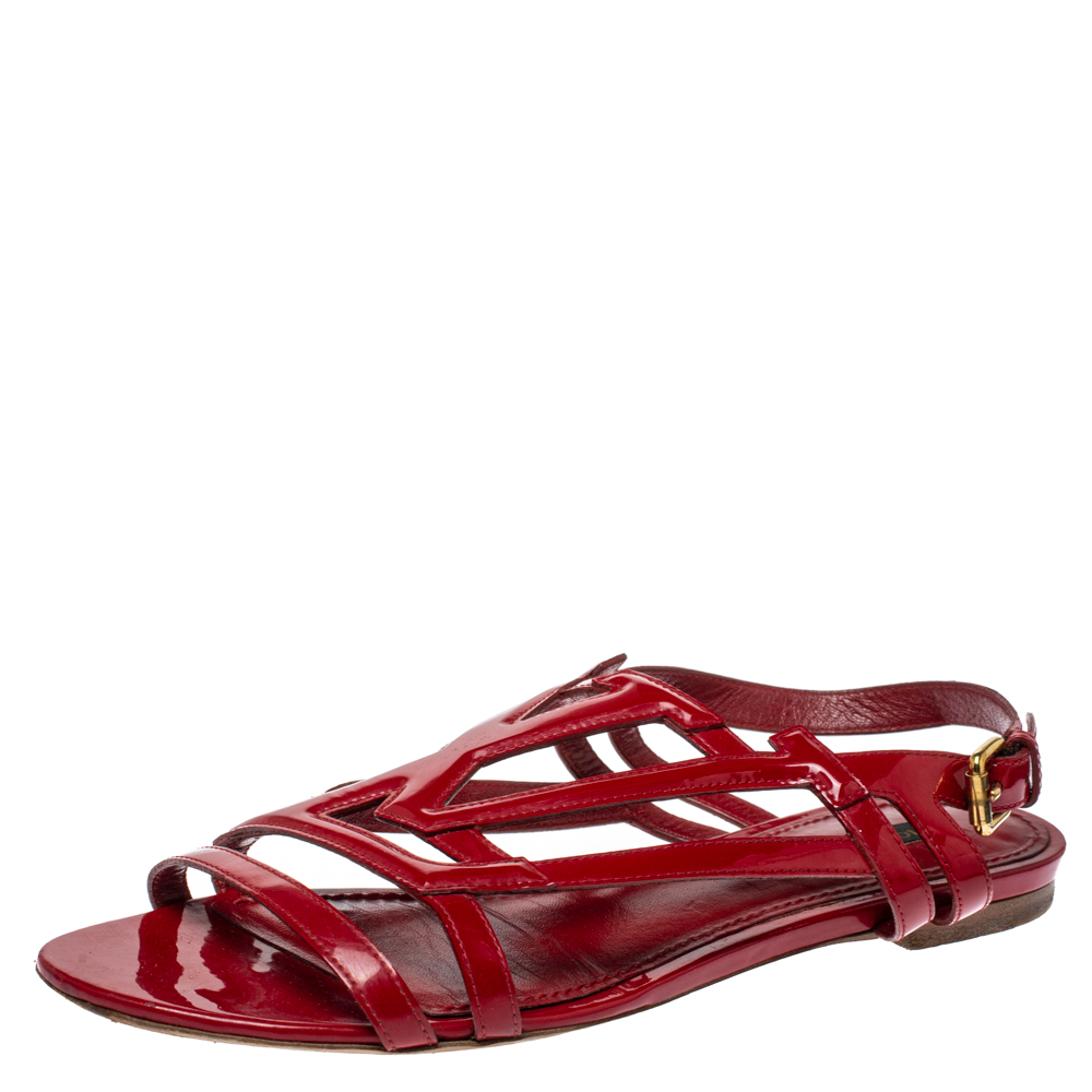 Image of Louis Vuitton Red Patent Leather Crossing Logo Flat Sandals Size