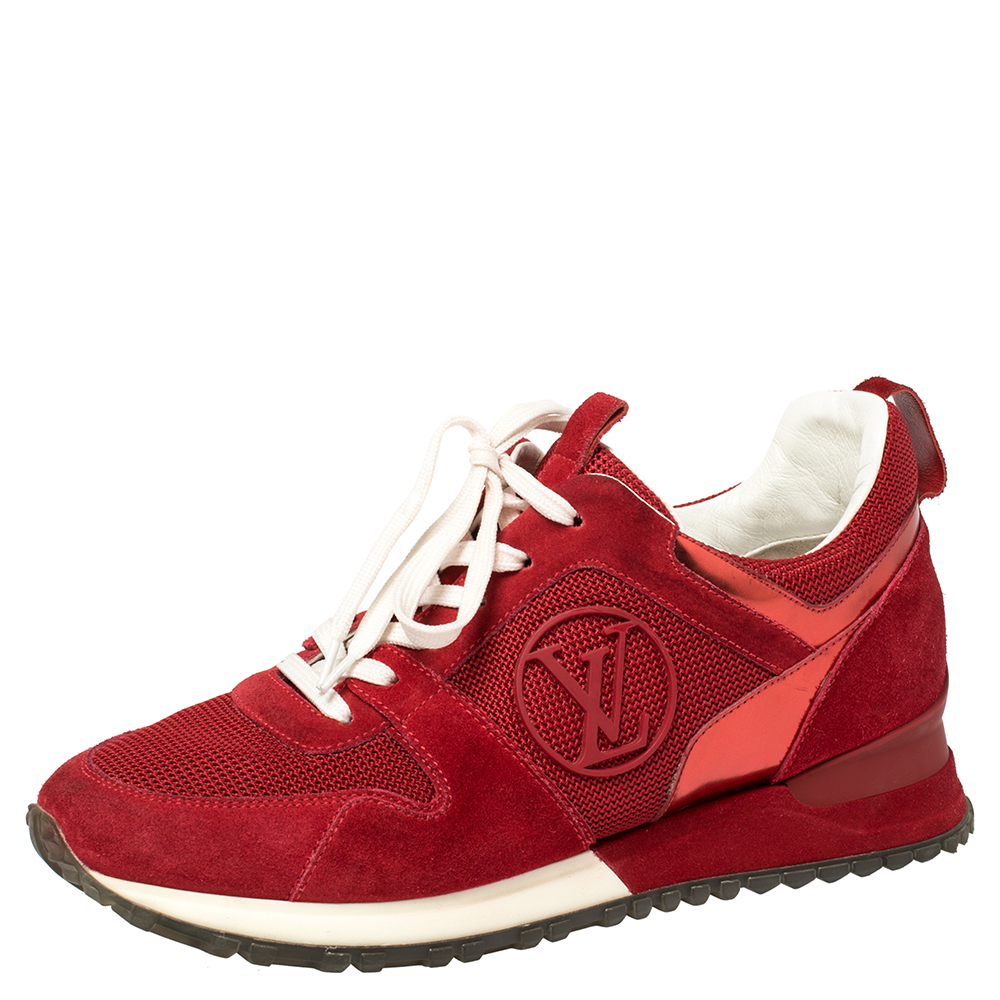 Image of Louis Vuitton Red Suede Leather And Fabric Run Away Sneakers Size .