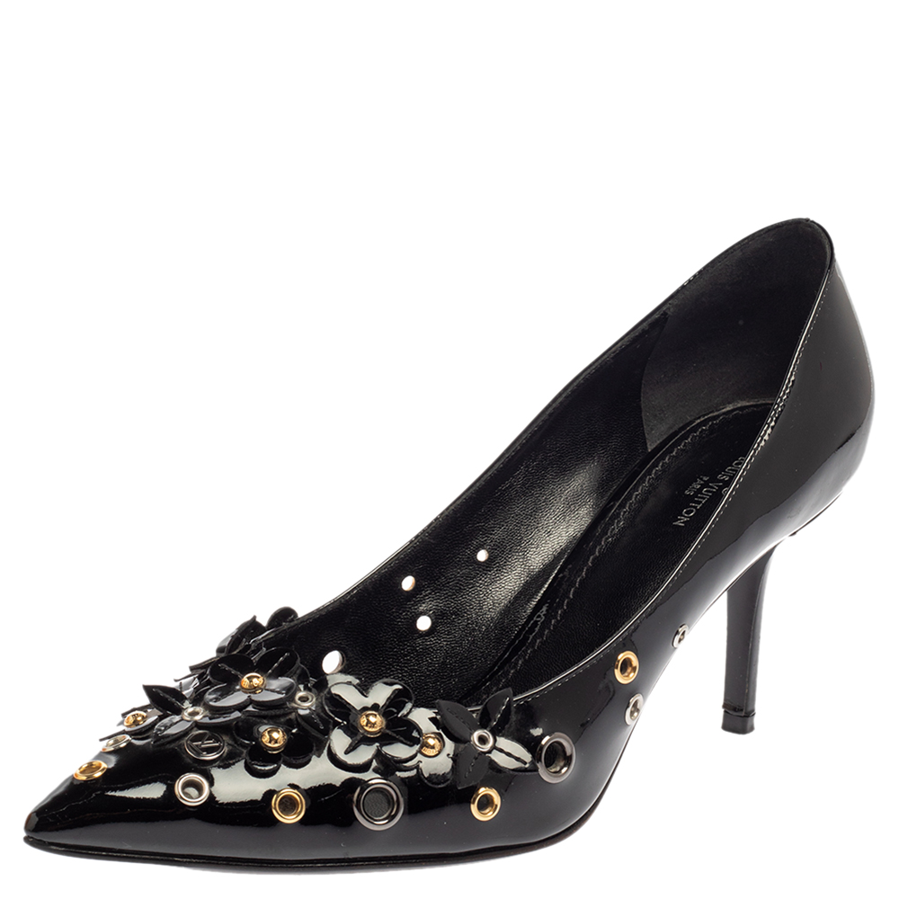 Louis Vuitton Black Patent Leather Applique Embellished Pointed Toe Pumps Size 38.5