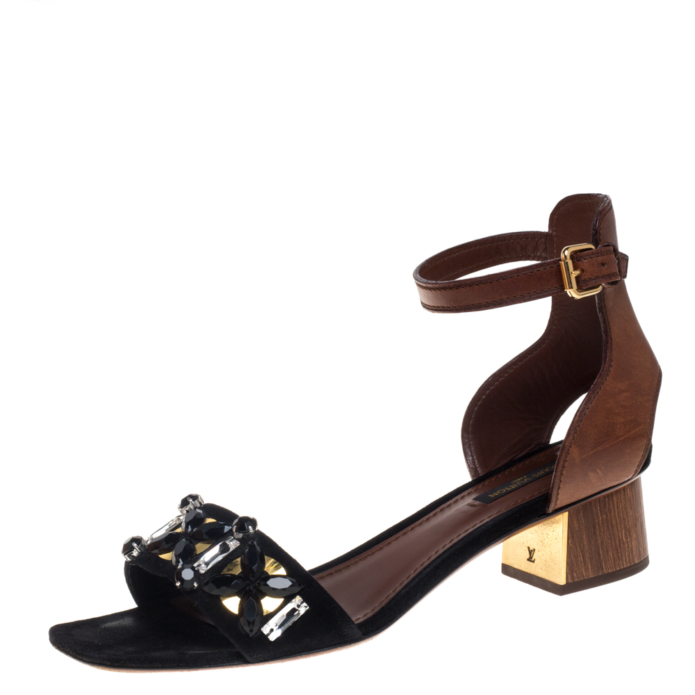 Louis Vuitton Black/Brown Suede and Leather Jewel Embellished Odyssey Sandals Size 38
