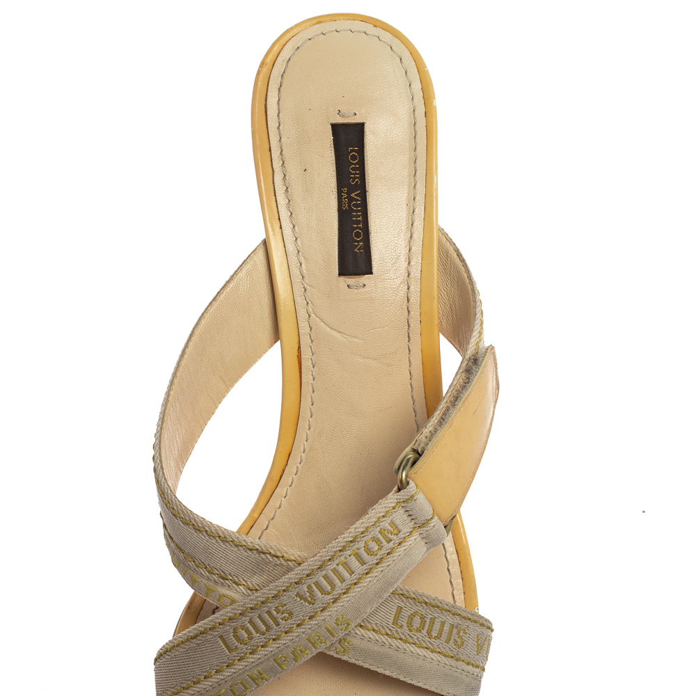 Louis Vuitton White Leather And Canvas Logo Strappy Mule Sandals Size 39.5