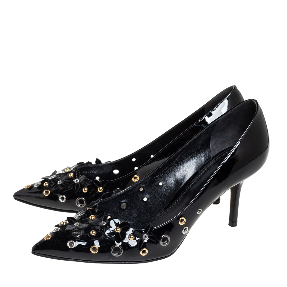 Louis Vuitton Black Patent Leather Applique Embellished Pointed Toe Pumps Size 39.5