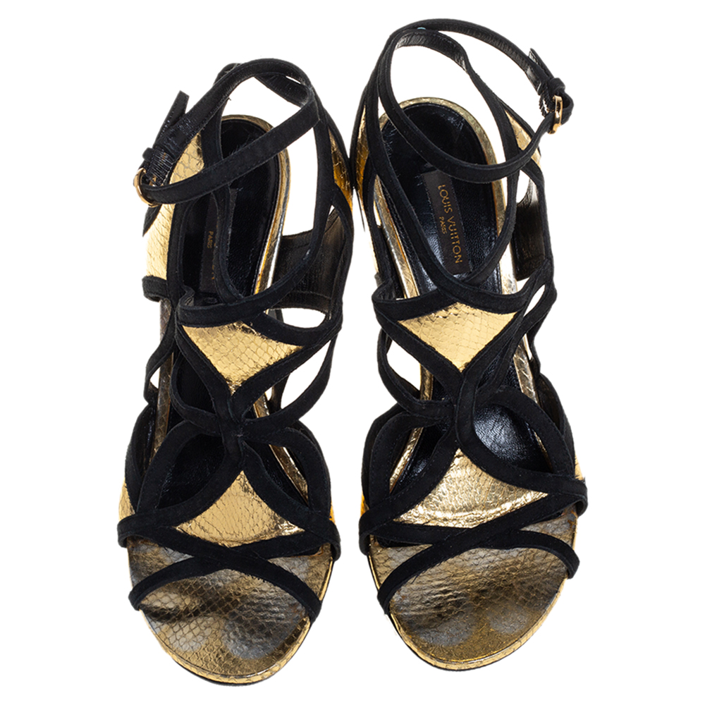 Louis Vuitton Gold And Black Python Embossed Leather And Suede Trim Cut Out Ankle Strap Sandals Size 39