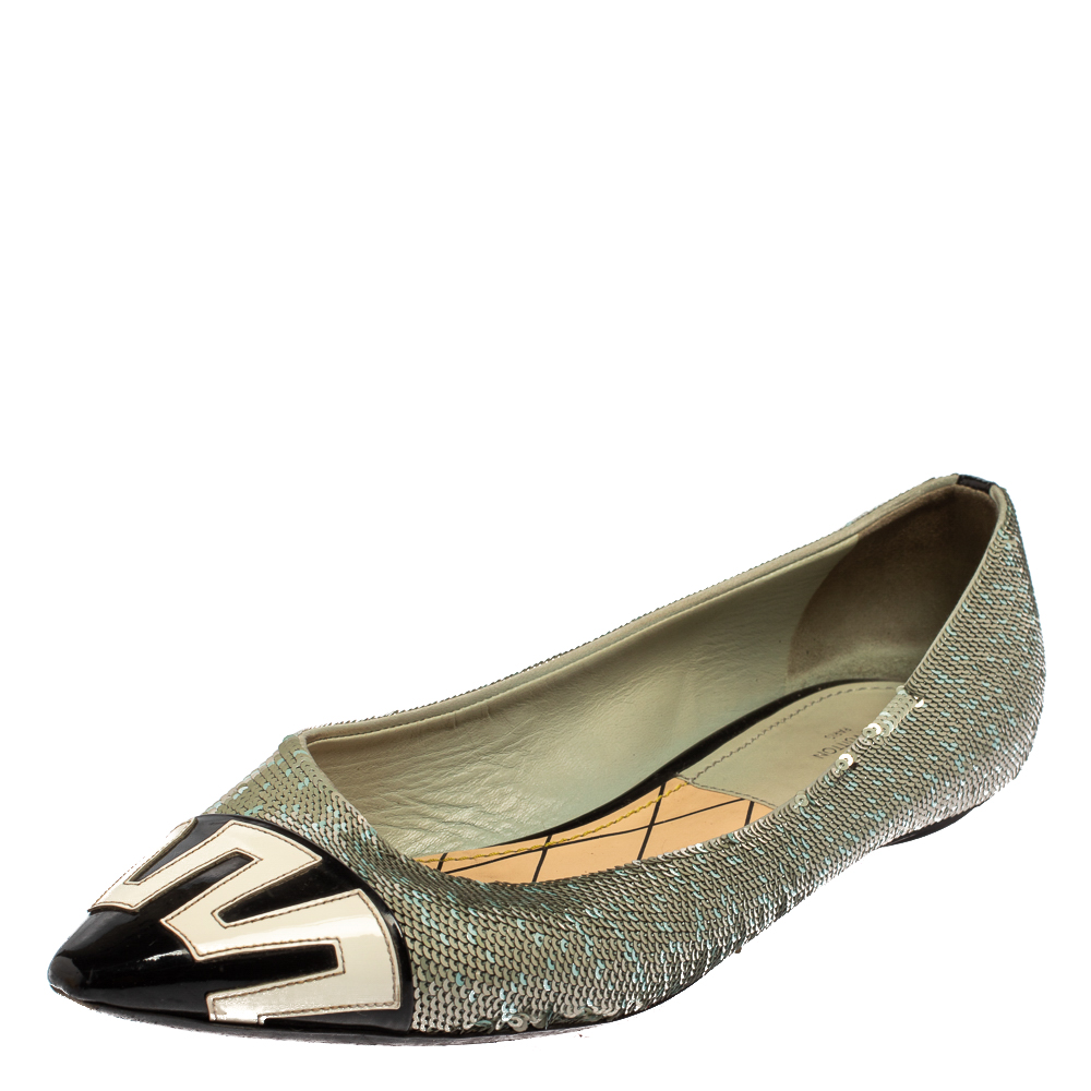 Louis Vuitton Grey Sequin Embellished Satin And Monochrome Patent Leather Ballet Flats Size 40
