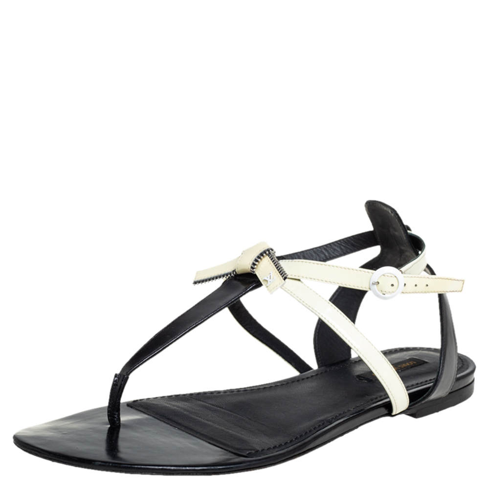 Louis Vuitton Black/Cream Patent Leather And Leather Flat Thong Sandals Size 41