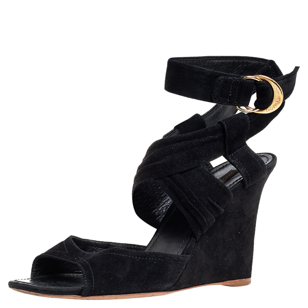 Louis Vuitton Black Suede Strappy Wedge Sandals Size 40