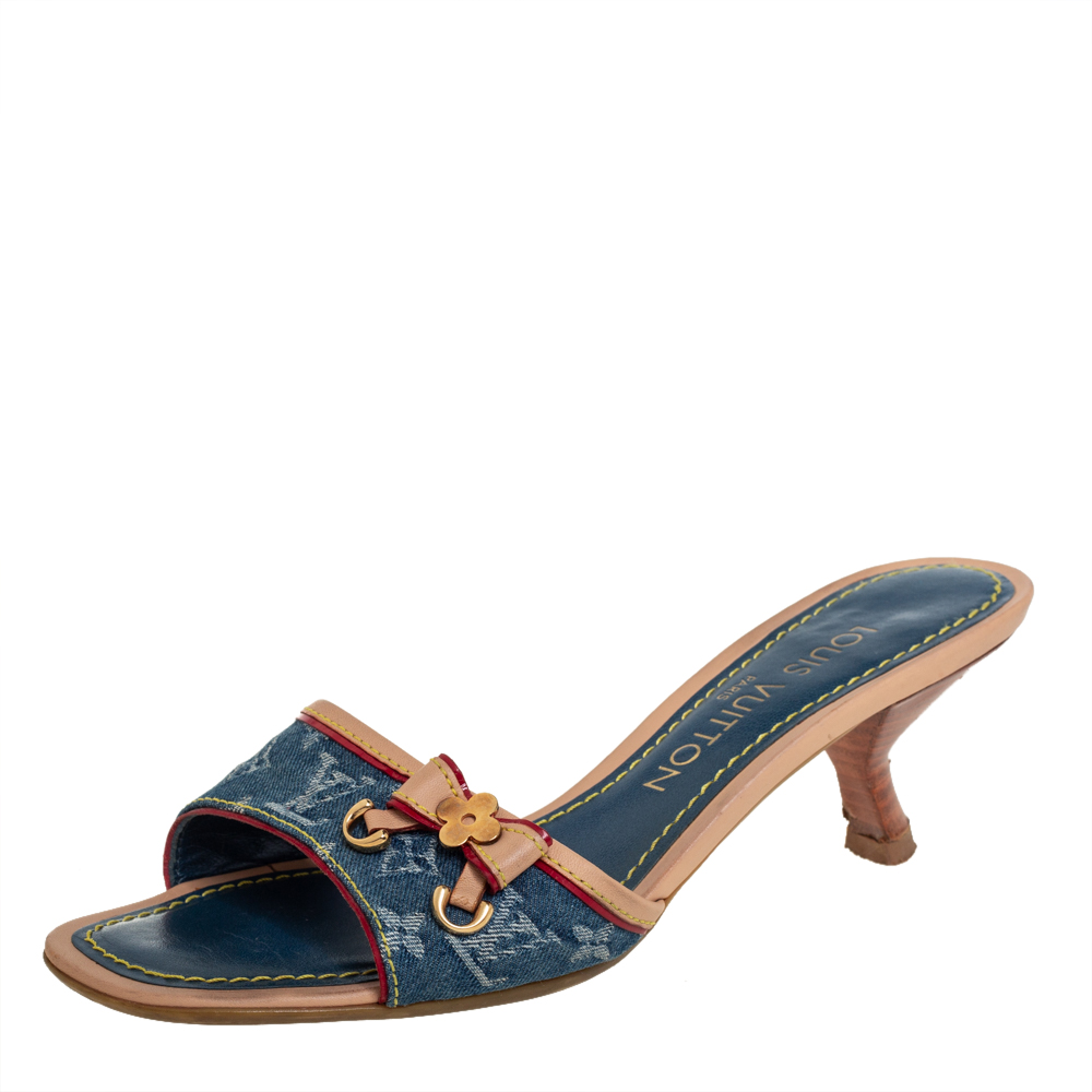 Louis Vuitton Blue Monogram Denim Kitten Heel Bow Slide Sandals Size 35